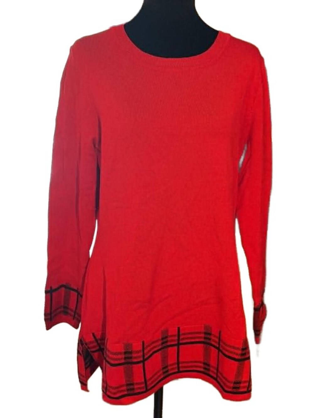 Birch NY Red Sweater with Plaid Hem Accent